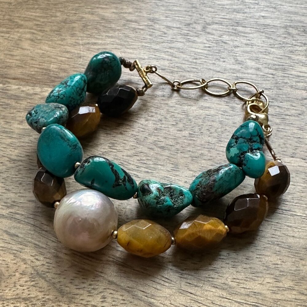 Chan Luu Turquoise, Brown and Pearl Multi-Strand Bracelet